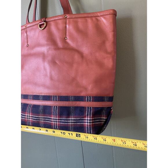 Brooks Brothers 2pc Tote & Wristlet Tan Leather Plaid Tartan Double Shoulder Bag - Picture 7 of 15